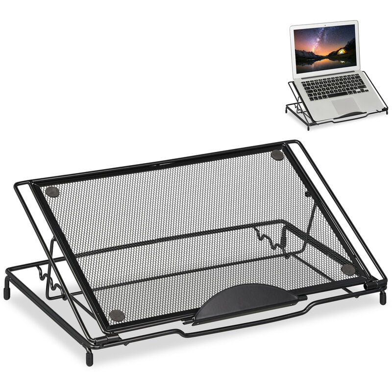 foto del prodotto relaxdays supporto per laptop 14 pollici, porta pc e reggilibri a rete acciaio ventilato, regolabile su 3 livelli, nero