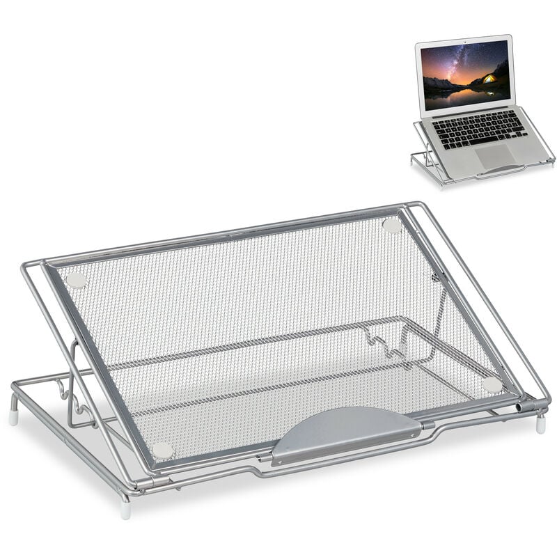 foto del prodotto relaxdays supporto per laptop 14 pollici, porta pc e reggilibri, rete acciaio ventilato, regola su 3 livelli, argentato