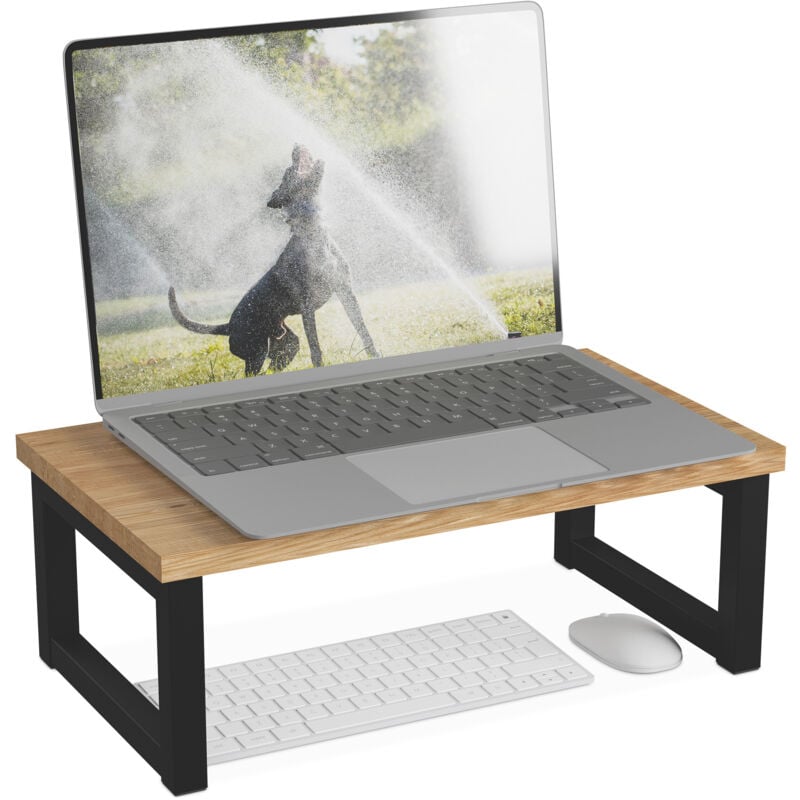foto del prodotto relaxdays supporto per monitor, alza schermo pc per scrivania, hlp 15x40x23 cm, organizer ufficio, ferro, legno nero