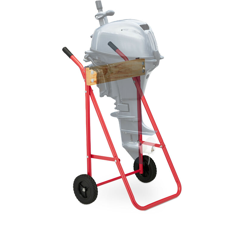 foto del prodotto relaxdays supporto per motore fuoribordo, carrello per il trasporto e lo stoccaggio, in acciaio, fino a 100 kg, rosso