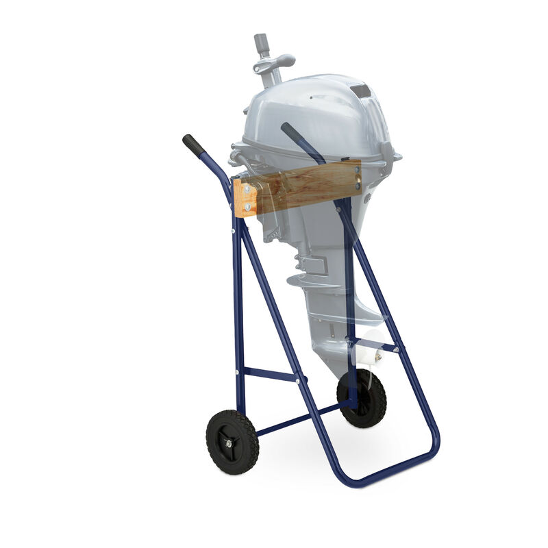 foto del prodotto relaxdays supporto per motore fuoribordo, carrello per il trasporto e stoccaggio, in acciaio, fino a 100 kg, blu scuro
