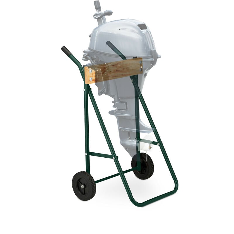 foto del prodotto relaxdays supporto per motore fuoribordo, carrello per il trasporto e stoccaggio, in acciaio, fino a 100 kg, verde scuro