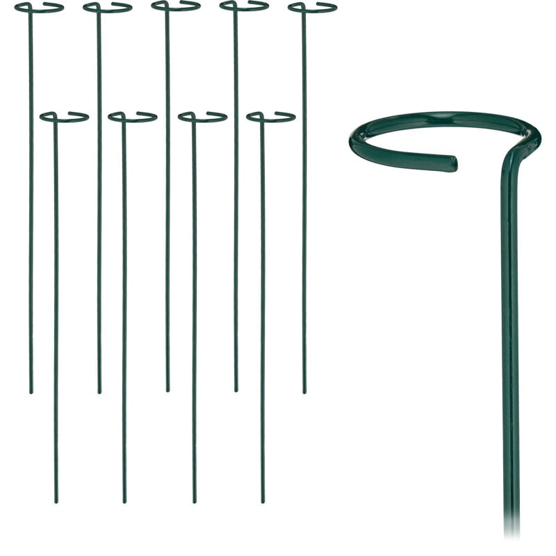 foto del prodotto relaxdays supporto per piante rampicanti, set 10 sostegni piantine, anello per rose, traliccio fiori, 60 cm, verde scuro