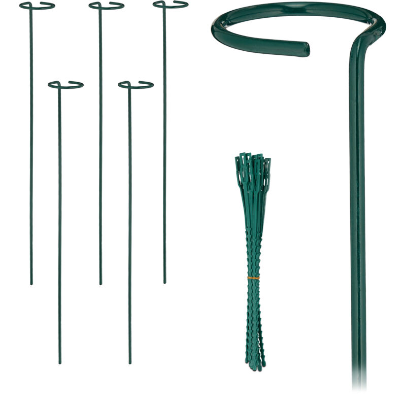 foto del prodotto relaxdays supporto per piante rampicanti, set da 6 sostegni piantine, anello e legacci per rose e fiori, 60 cm, verde