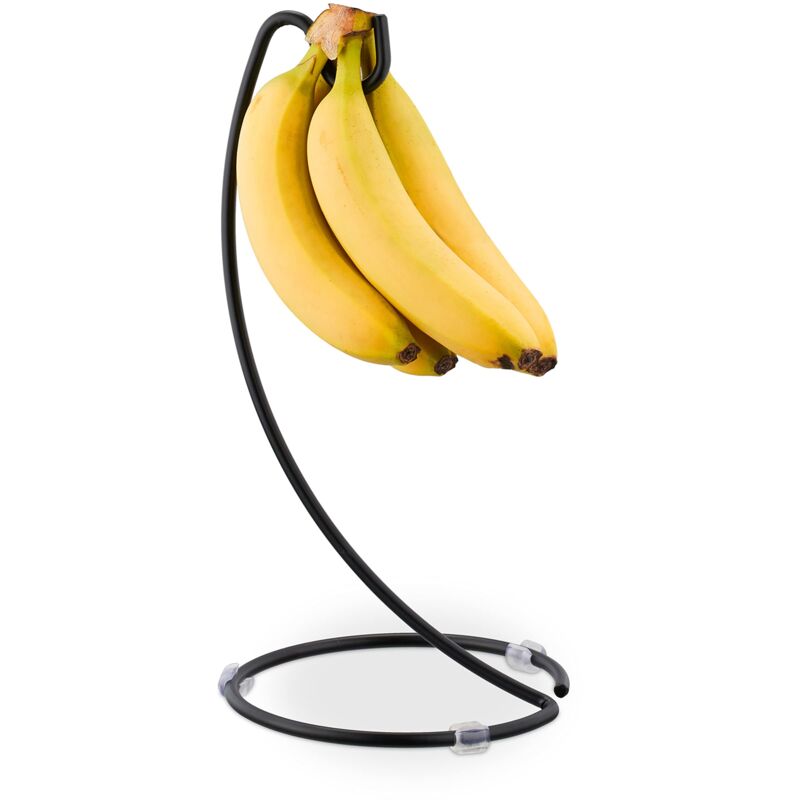 foto del prodotto relaxdays supporto portabanane, h x d 33 x 17 cm, sostegno in ferro, holder gancio appendi banane, stand, nero