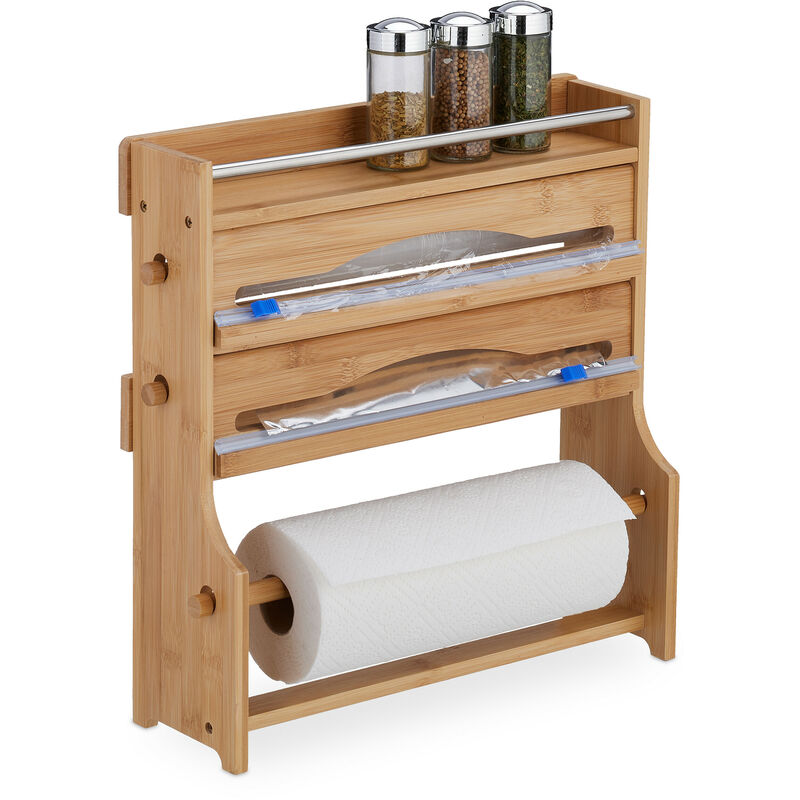 foto del prodotto relaxdays taglia pellicola da cucina, dispenser a muro portarotoli carta e alluminio, 40x40x11,5 cm, bamb , naturale