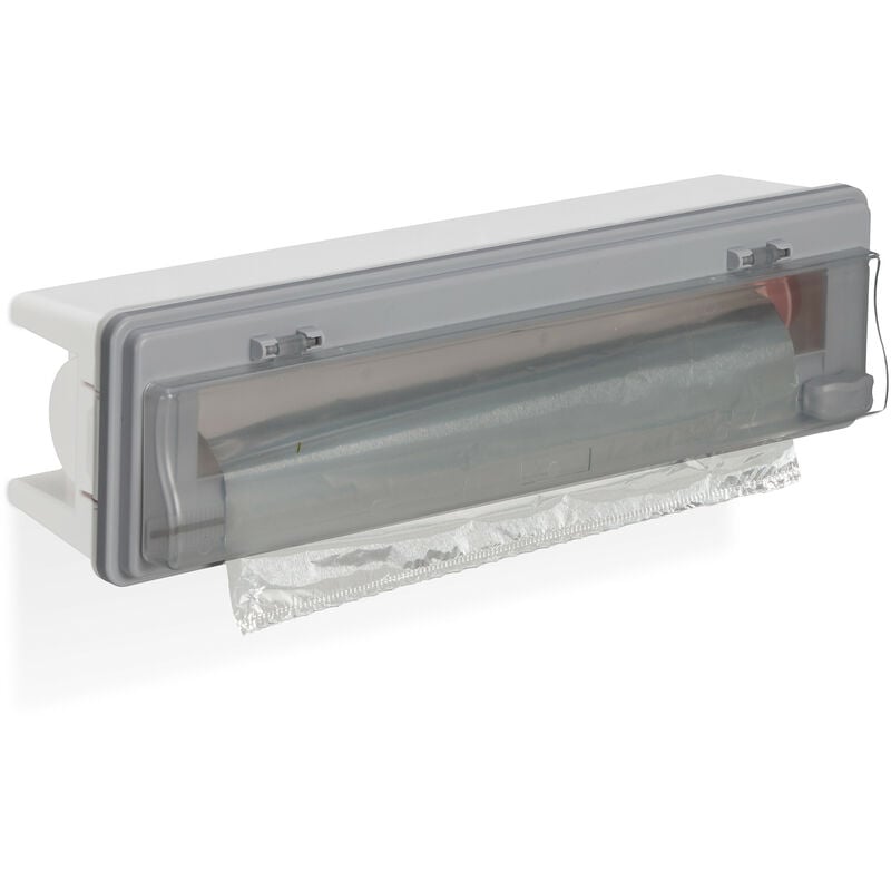 foto del prodotto relaxdays taglia pellicola da cucina, dispenser porta rotoli plastica alluminio, per parete e cassetto, grigio bianco