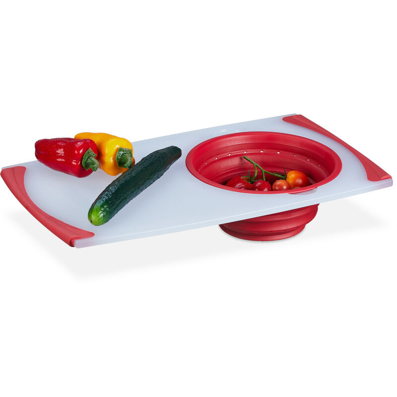 foto del prodotto relaxdays tagliere da lavandino con colino, asse 2in1 cucina, 50x29 cm, taglia frutta e verdura sopra al lavello, rosso