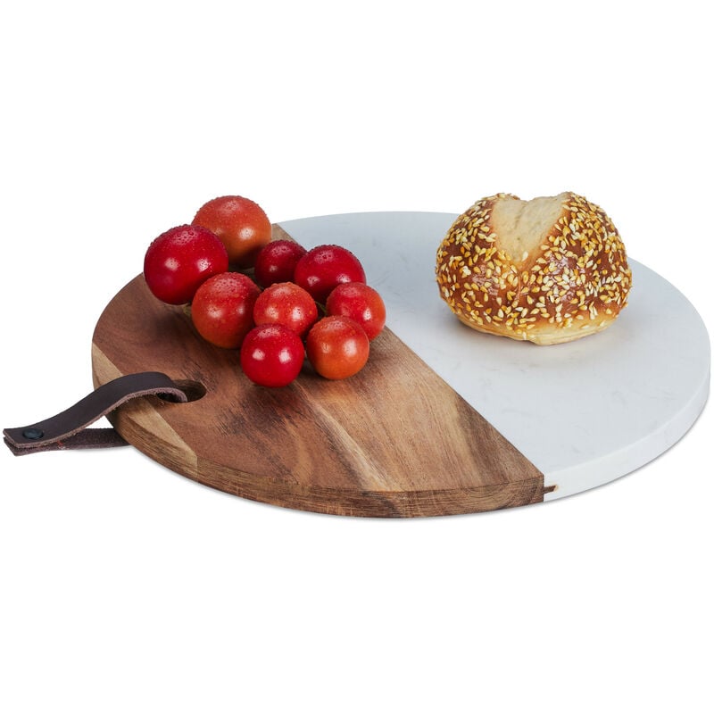 foto del prodotto relaxdays tagliere in legno e marmo, asse da cucina, rotondo hxd 1,5x25 cm, salumi e formaggi, marrone naturale bianco