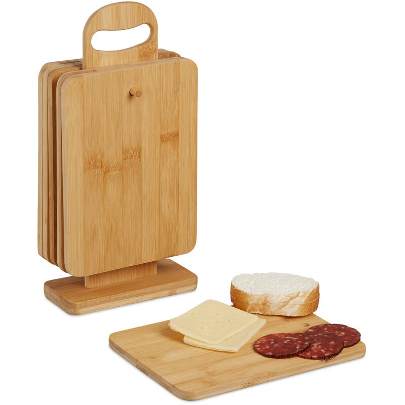 foto del prodotto relaxdays taglieri da cucina, set da 6 cutting board con supporto, 22 x 16 cm, da aperitivo formaggi, in bamb , naturale