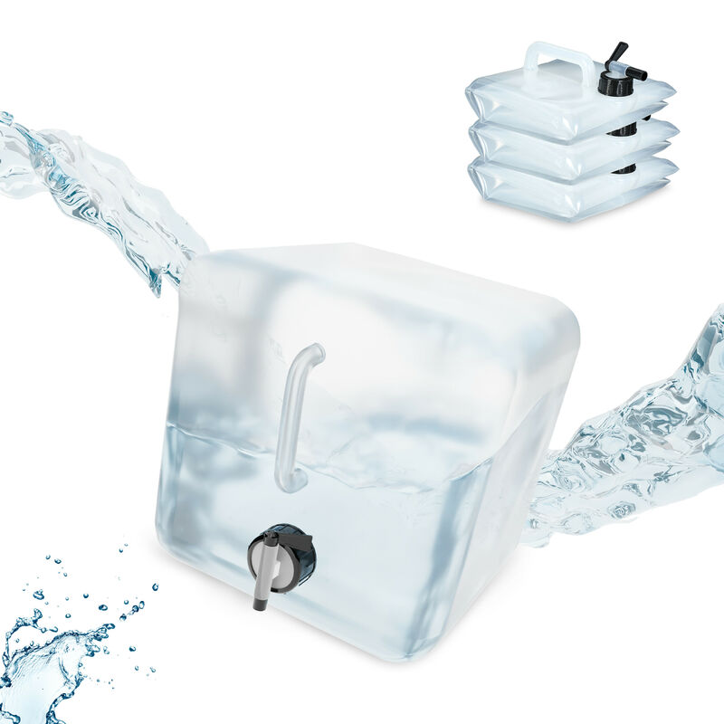 foto del prodotto relaxdays tanica da campeggio pieghevole, in set da 4, con rubinetto, plastica senza bpa, 10 litri, trasparente nero