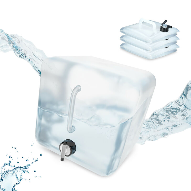 foto del prodotto relaxdays tanica da campeggio pieghevole, in set da 4, con rubinetto, plastica senza bpa, 15 litri, trasparente nero