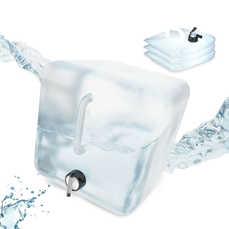 foto del prodotto relaxdays tanica da campeggio pieghevole, in set da 4, con rubinetto, plastica senza bpa, 20 litri, trasparente nero