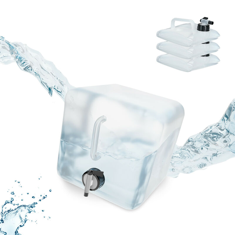 foto del prodotto relaxdays tanica da campeggio pieghevole, in set da 4, con rubinetto, plastica senza bpa, 5 litri, trasparente nero