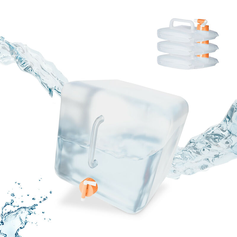 foto del prodotto relaxdays tanica da campeggio pieghevole, set da 4, con rubinetto, plastica senza bpa, 15 litri, trasparente arancione
