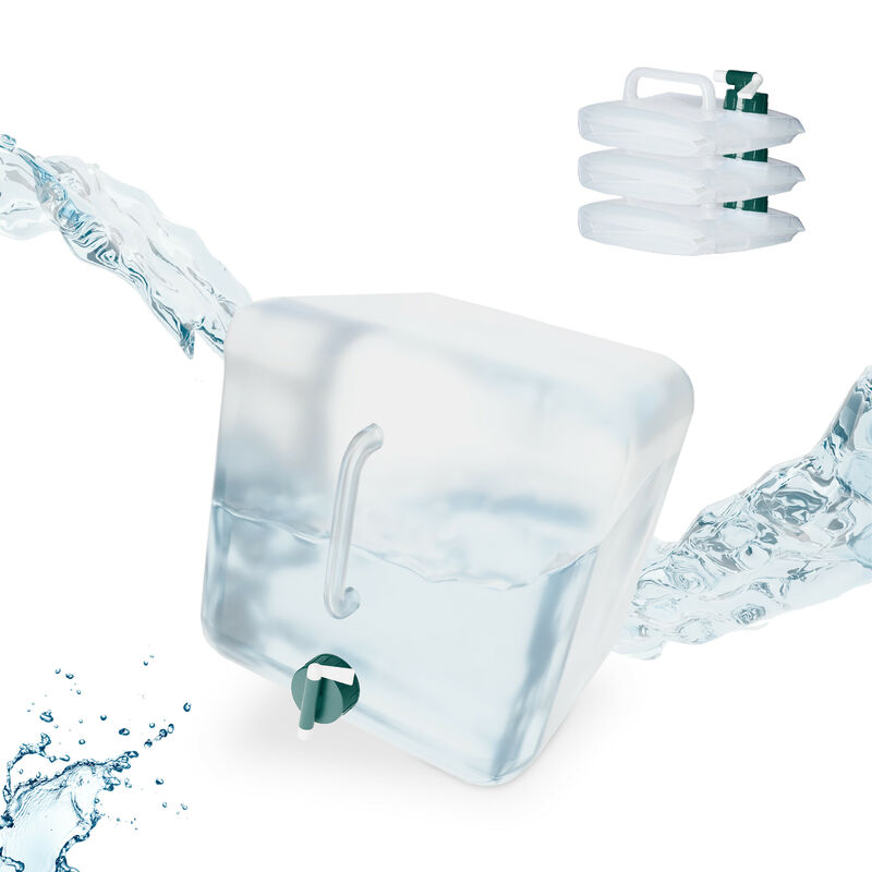 foto del prodotto relaxdays tanica da campeggio pieghevole, set da 4, recipienti con rubinetto, senza bpa, 15 litri, trasparente verde