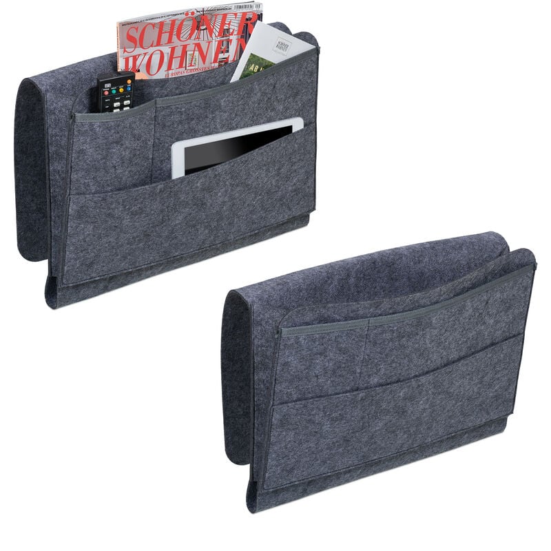 foto del prodotto relaxdays tasca portaoggetti da letto, set da 2 organizer portatelecomando da divano, 4 scomparti, feltro, grigio scuro
