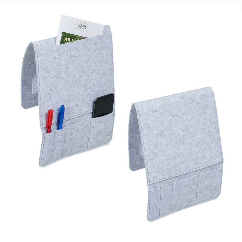 foto del prodotto relaxdays tasca portaoggetti da letto, set da 2 organizer portatelecomando da divano, 5 scomparti, feltro, grigio chiaro