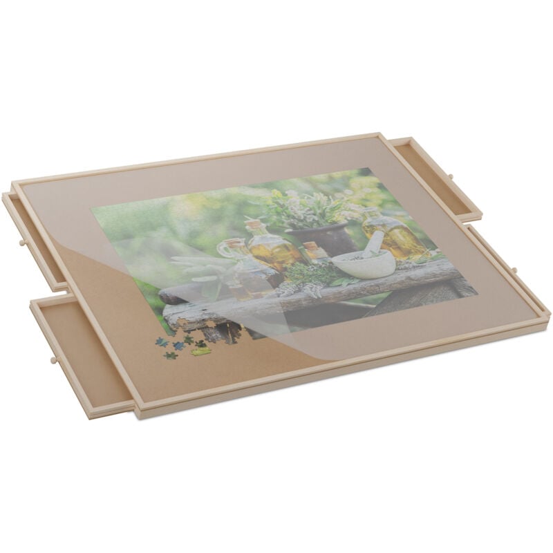 foto del prodotto relaxdays tavola porta puzzle 1500 pz., vassoio inclinabile e rotante con 4 cassetti, tavolo da gioco in legno, naturale
