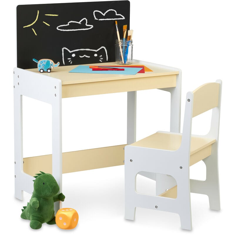 foto del prodotto relaxdays tavolino da bambini, con sedia e lavagna, per giocare e disegnare, set mobili cameretta bimbi, beige bianco