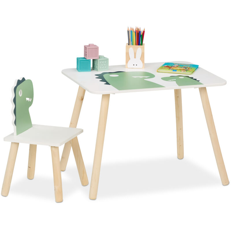 foto del prodotto relaxdays tavolino da bambini con sedia per cameretta, tavolo da gioco e sgabellp con schienale, mdf, design dinosauro