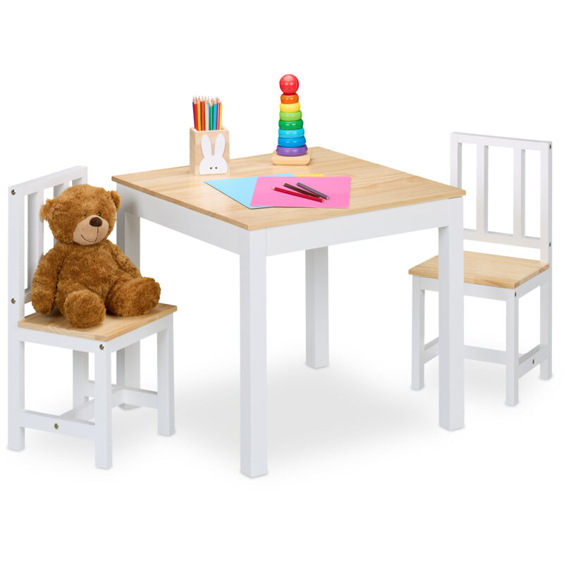 foto del prodotto relaxdays tavolino da bambini con sedie per cameretta, piccolo tavolo da gioco 2 seggiole, legno e mdf, naturale bianco