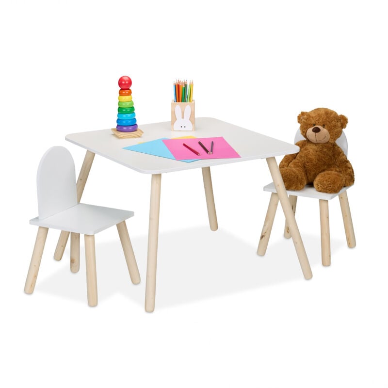 foto del prodotto relaxdays tavolino da bambini con sedie per cameretta, tavolo da gioco 2 sgabelli con schienale, mdf, naturale bianco