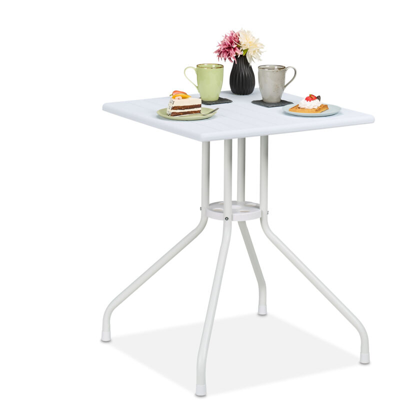 foto del prodotto relaxdays tavolino da giardino, hlp 73x62x62 cm, tavolo quadrato da balcone, plastica effetto legno e acciaio, bianco