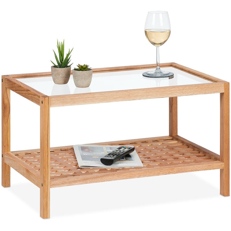 foto del prodotto relaxdays tavolino da salotto in legno, 35 x 60 x 40 cm, ripiano in vetro, 2 mensole, tavolo basso da divano, naturale