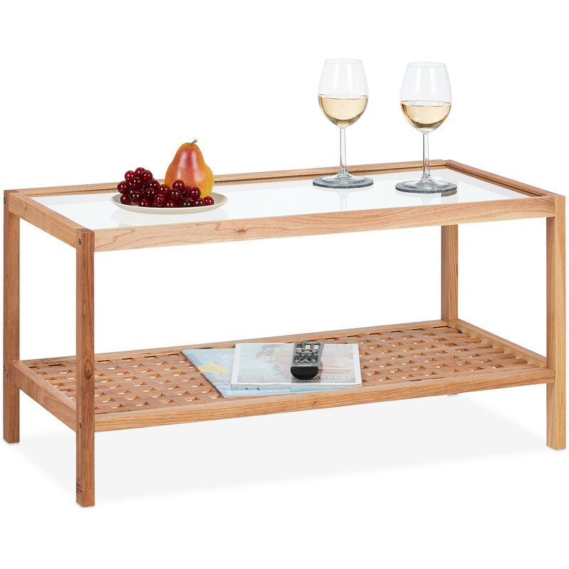 foto del prodotto relaxdays tavolino da salotto in legno, 40 x 80 x 40 cm, ripiano in vetro, 2 mensole, tavolo basso da divano, naturale