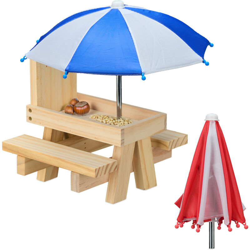 foto del prodotto relaxdays tavolino mangiatoia per scoiattoli, stazione appesa con ombrelloni, per gli alberi, in legno, marrone chiaro