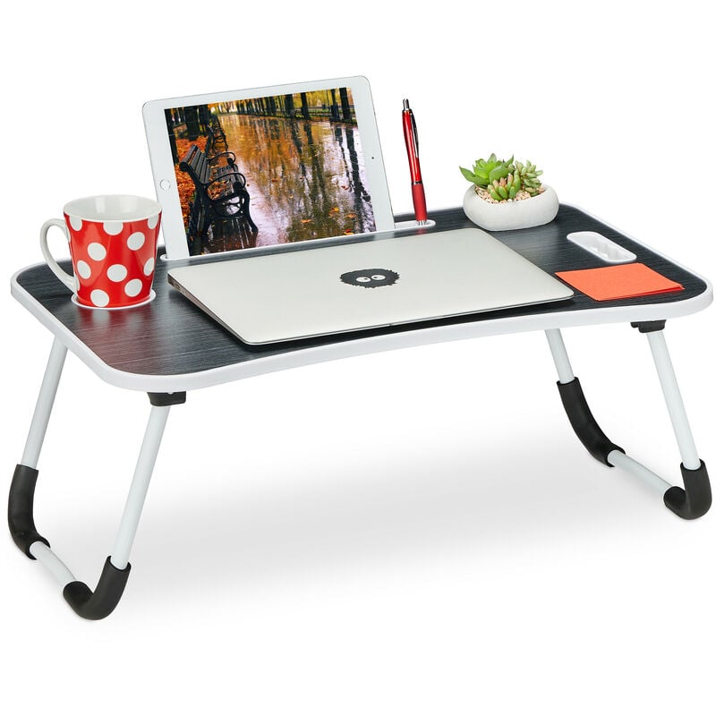 foto del prodotto relaxdays tavolino per pc, laptop, tavolo pieghevole da divano 26x63x40 cm, con suppporto bevande e tablet, bianco nero