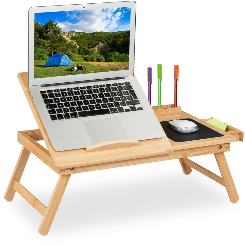 foto del prodotto relaxdays tavolino porta pc per letto e divano, pieghevole, 17,5x62x34 cm bamb cassetto e tappetino per mouse, naturale