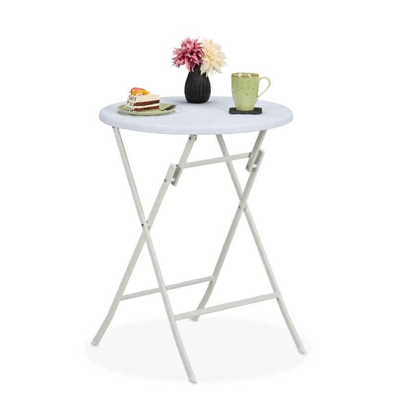 foto del prodotto relaxdays tavolo da campeggio pieghevole, hxd 75 x 60 cm, tavolino in plastica rotondo, posto per 4 persone, bianco