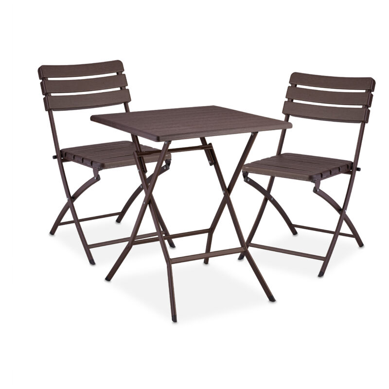 foto del prodotto relaxdays tavolo da esterno e sedie, set da 3 mobili pieghevoli e salvaspazio da balcone, design aspetto legno, marrone