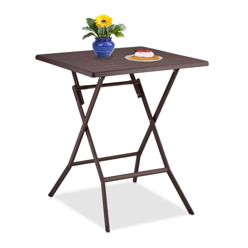 foto del prodotto relaxdays tavolo pieghevole da giardino, tavolino da campeggio hlp 73x62x62 cm, arredo esterno effetto legno, marrone