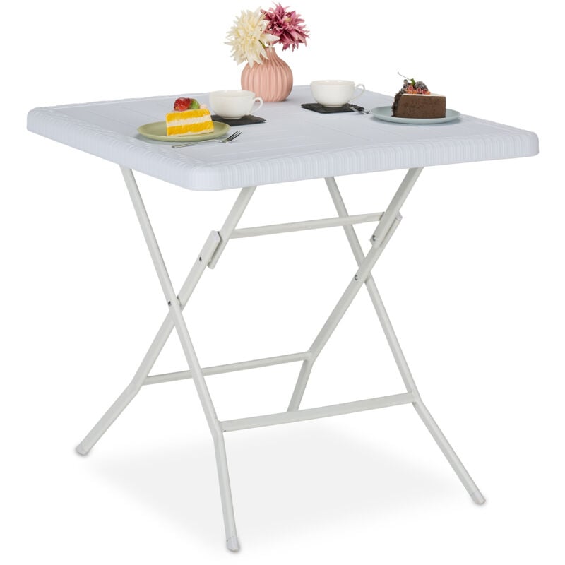 foto del prodotto relaxdays tavolo pieghevole da giardino, tavolino da campeggio hlp 74x78x78 cm, arredo esterno effetto legno, bianco