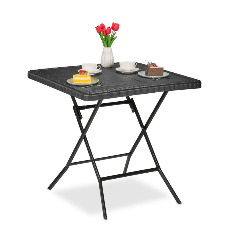 foto del prodotto relaxdays tavolo pieghevole da giardino, tavolino da campeggio hlp 74x78x78 cm, arredo esterno effetto legno, nero