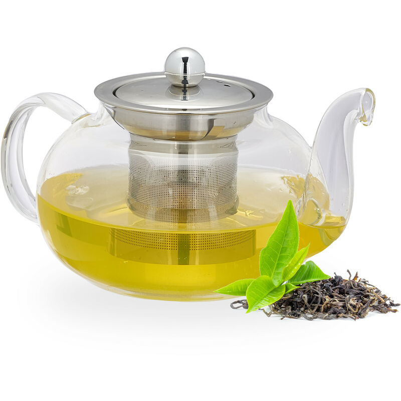 foto del prodotto relaxdays teiera con filtro, in vetro borosilicato e acciaio inox, 600 ml, colino a maglia fina, trasparente argentato