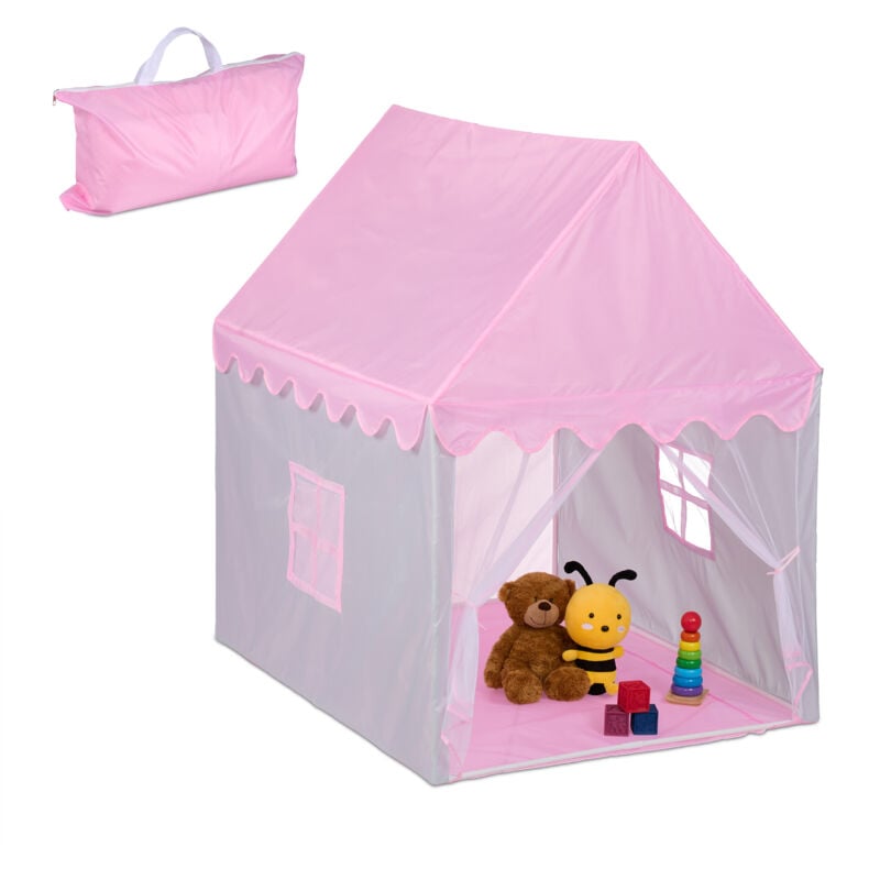 foto del prodotto relaxdays tenda da gioco a forma di casetta per bambine, giocattolo camera da interno, hlp 130x95x125 cm, rosa grigio