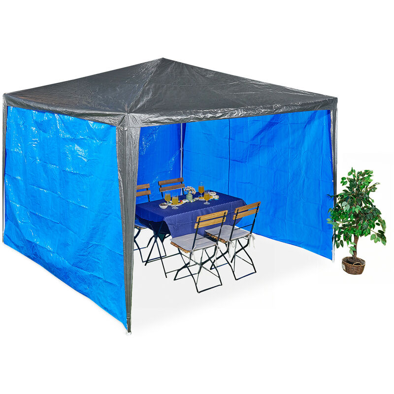 foto del prodotto relaxdays tende laterali per gazebo 2x3 m, set 3, telo impermeabile, pareti in pe paravento, lacci a strappo, blu acceso