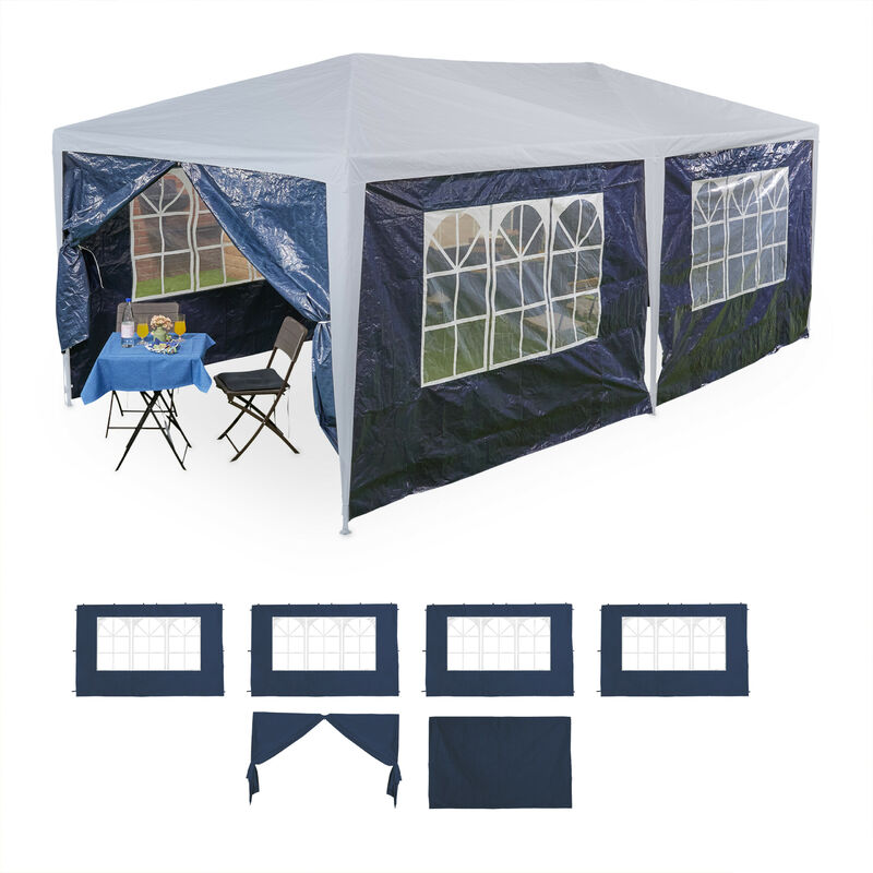 foto del prodotto relaxdays tende per gazebo laterali, set da 6, telo impermeabile in pe, pareti impermeabili, 2x3 m, con finestra, blu