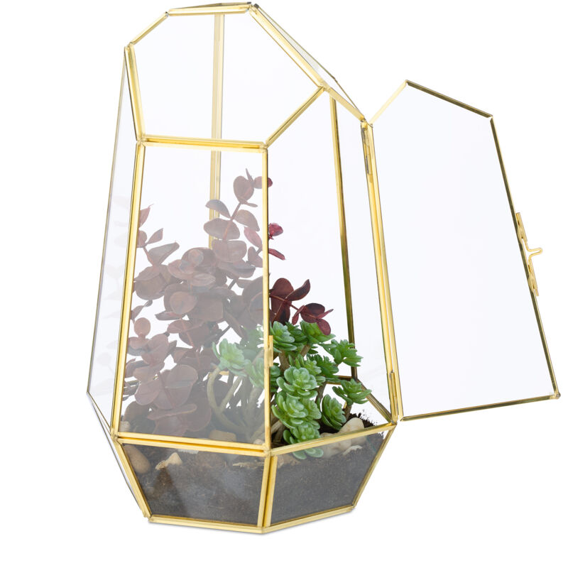foto del prodotto relaxdays terrario piante, mini serra in vetro e rame, hlp 26x18x15 cm, piantine grasse e muschi, vaso ecosistema, oro