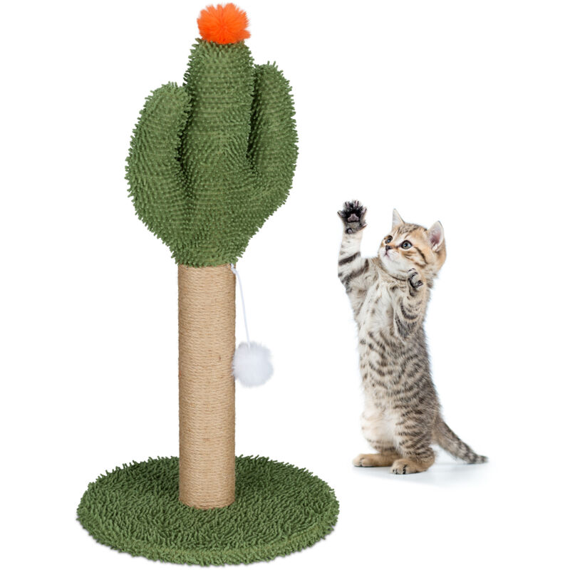foto del prodotto relaxdays tiragraffi per gatti, albero tira graffi, cactus con corda e pompon, palo graffiatoio hxd 59x31 cm, colorato