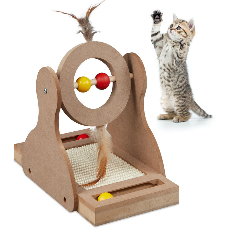foto del prodotto relaxdays tiragraffi per gatti con palline, gioco interattivo, mdf e sisal, ruota giocattolo con piume, cat toy, marrone