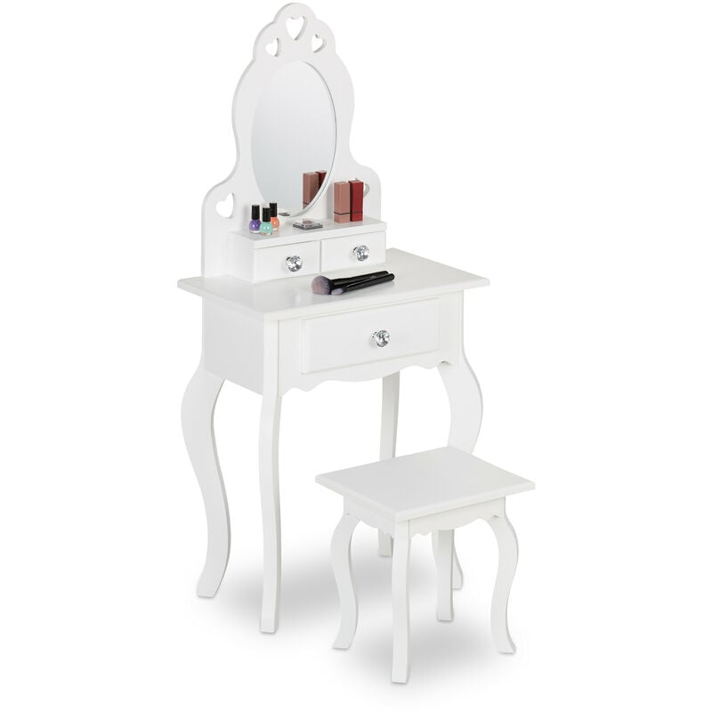 foto del prodotto relaxdays toeletta trucco bambina, tavolino con specchio e sgabello, hlp 110 x 50 x 30 cm, a partire dai 3 anni, bianco