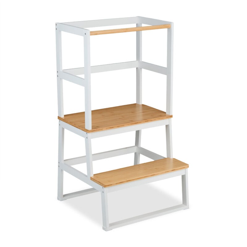 foto del prodotto relaxdays torre montessoriana bambini da 1 anno, scaletta di apprendimento, learning tower, 93x50x48,5 cm, bamb , bianco