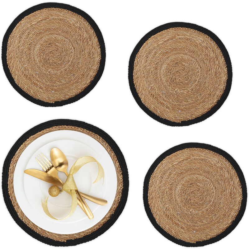 foto del prodotto relaxdays tovagliette sottopiatto in giacinto d acqua, set 4, 37cm, placemat americane, sottopentola, naturale nero
