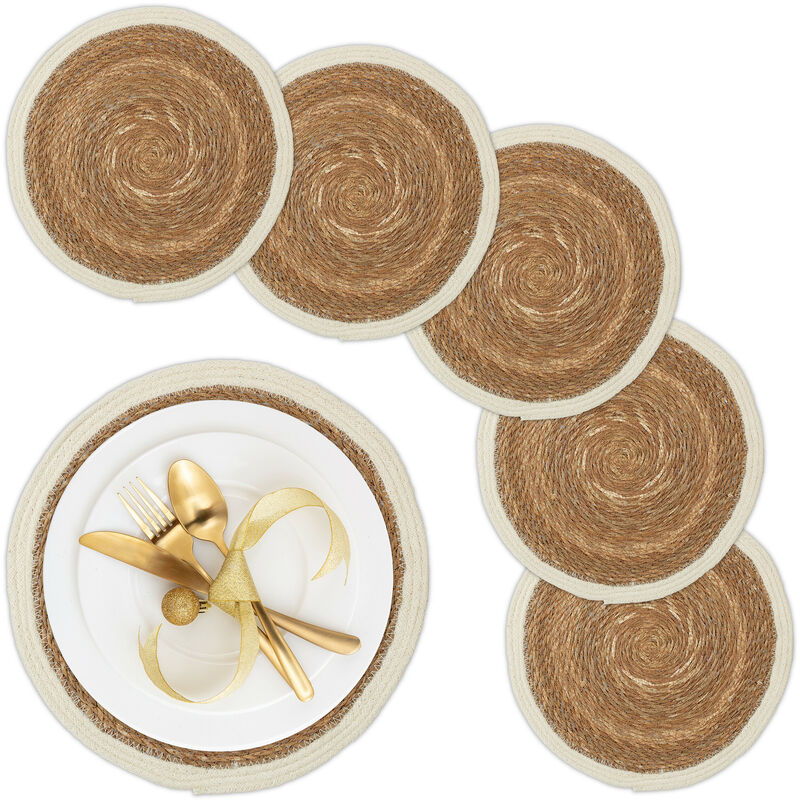 foto del prodotto relaxdays tovagliette sottopiatto in giacinto d acqua, set 6, 36cm, placemat americane, sottopentola, naturale bianco