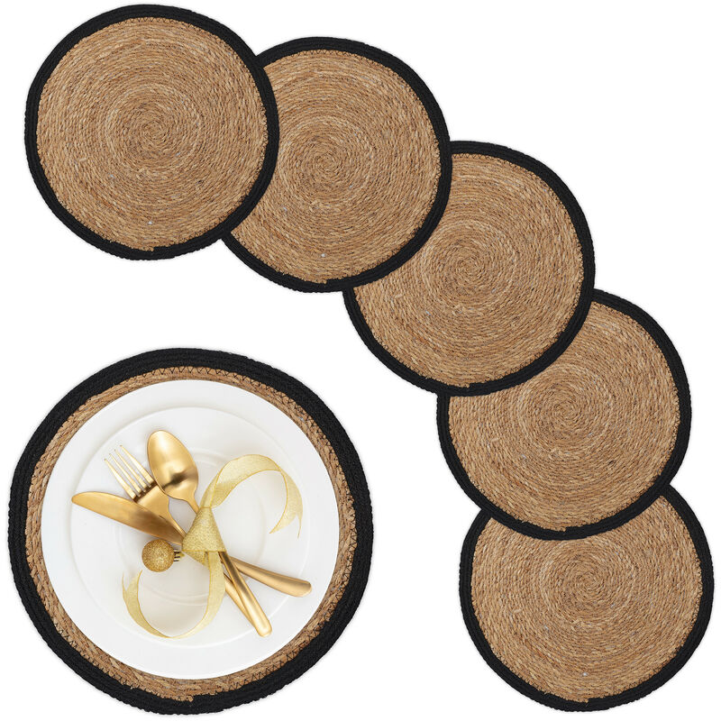 foto del prodotto relaxdays tovagliette sottopiatto in giacinto d acqua, set 6, 37cm, placemat americane, sottopentola, naturale nero